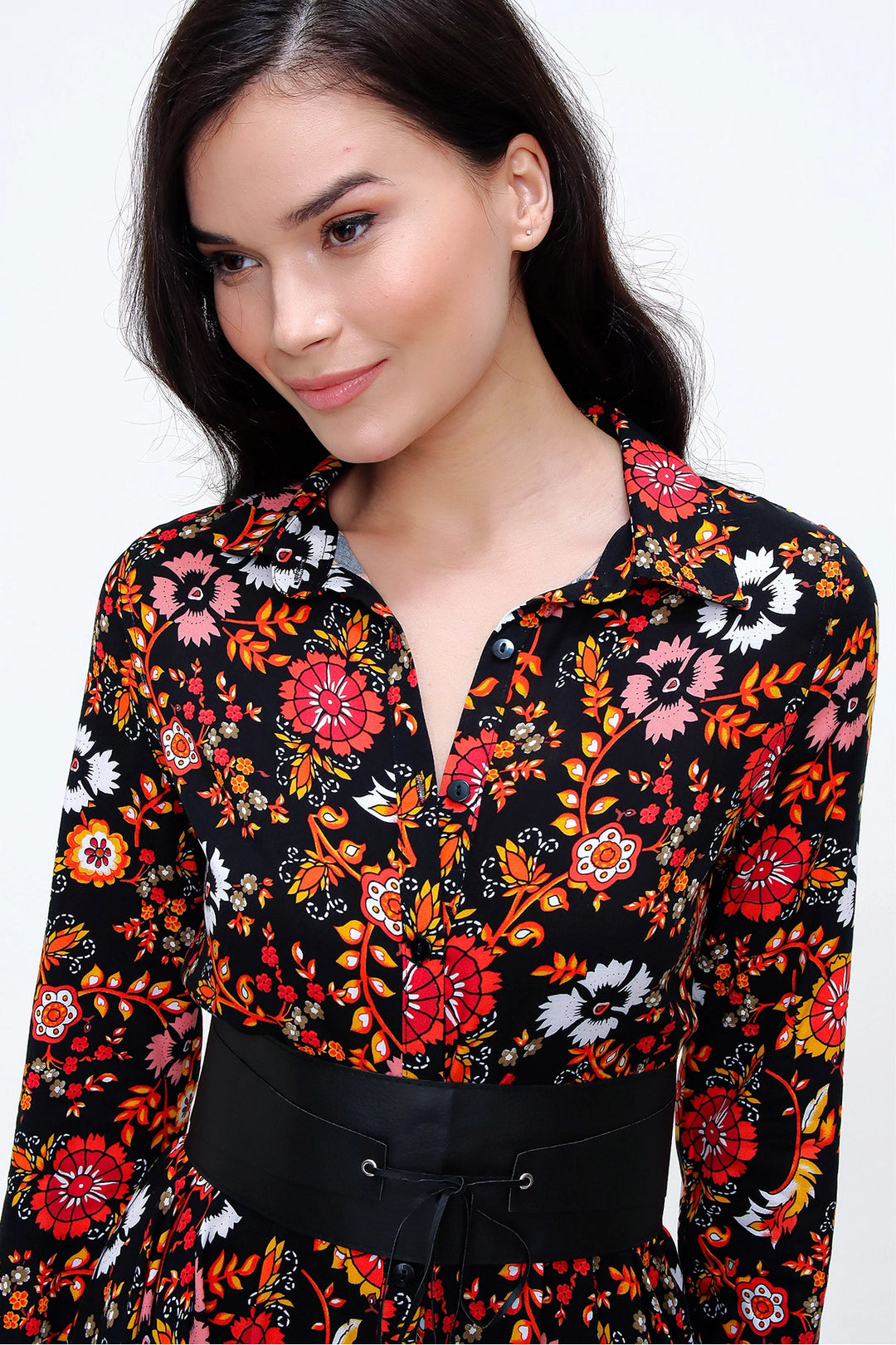 Black Yellow Light Fabric Patterned Shirt Dress BCBSK-25650-2164-2 - Pordenone