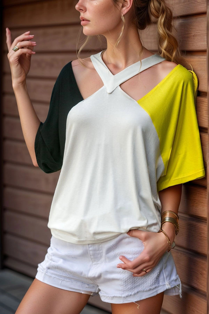 Black Yellow Mint Block Loose V-neck T BCBSK-25700-3265 - Mansfield
