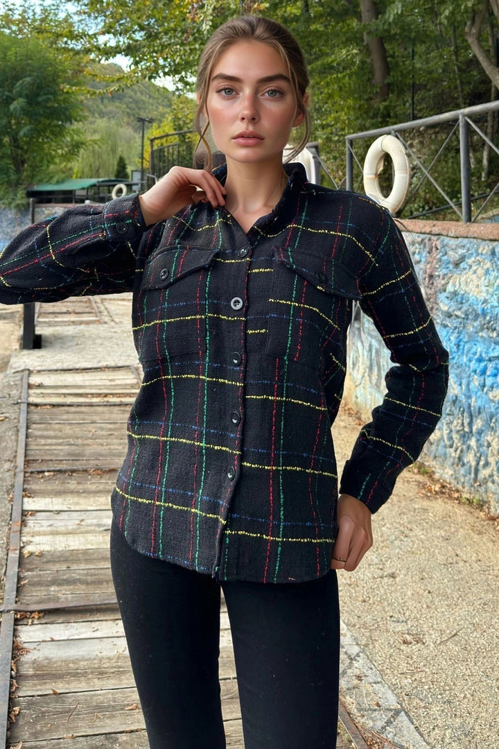 Black Yellow Long Sleeve Oversized Buttoned Shirt BCBSK-25700-3498 - Zeist