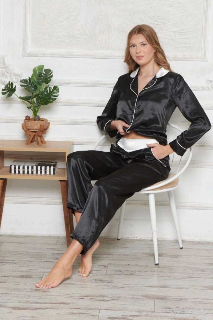 Black Satin V-neck 2-Piece Pajama Set BCAN-251201AS - Golden Glades