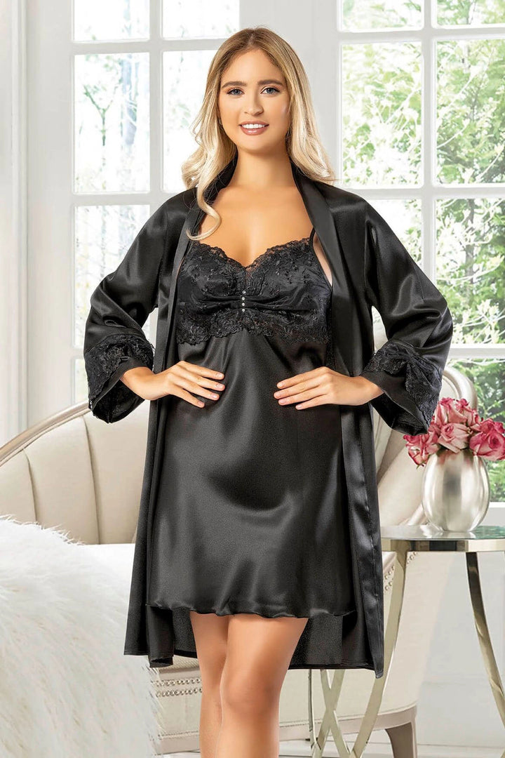 Black Satin Nightgown with Lace Detail Robe Set BCAN-252031FA - Pasadena