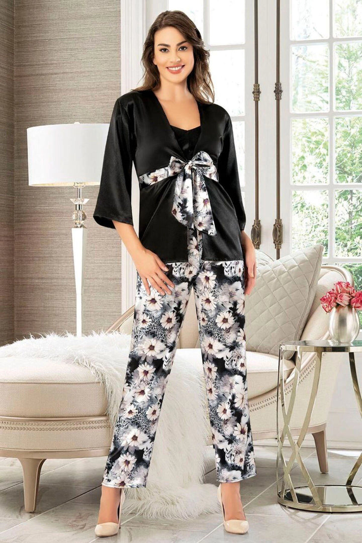 Black Satin Lace Detailed Nightgown Set of 3 Pajamas BCAN-254910FA - Upper Darby