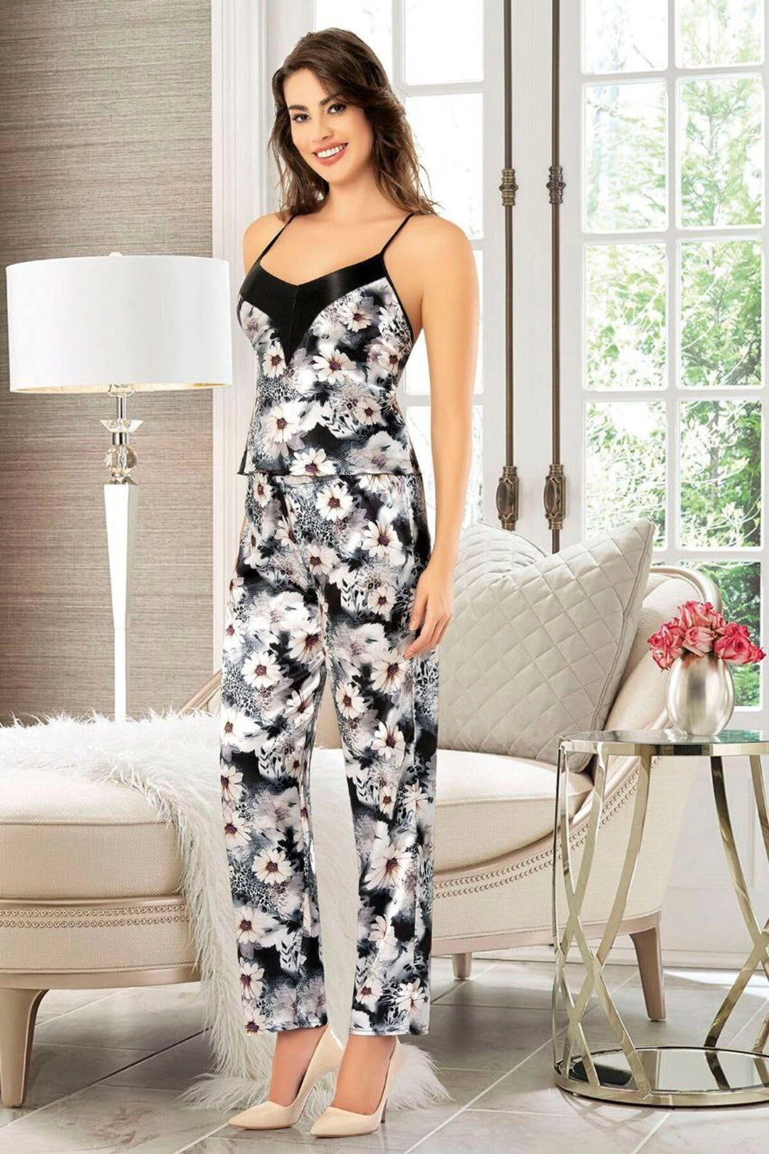 Black Satin Lace Detailed Nightgown Set of 3 Pajamas BCAN-254910FA - Upper Darby