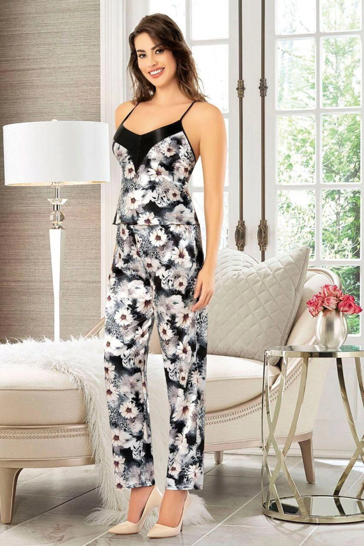 Black Satin Lace Detailed Nightgown Set of 3 Pajamas BCAN-254910FA - Upper Darby