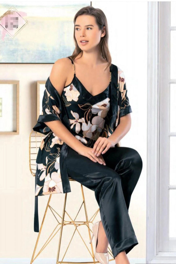 Black Satin Digital Printed Flower Patterned 3-Piece Pajama Set BCAN-252315FA - Torres Novas