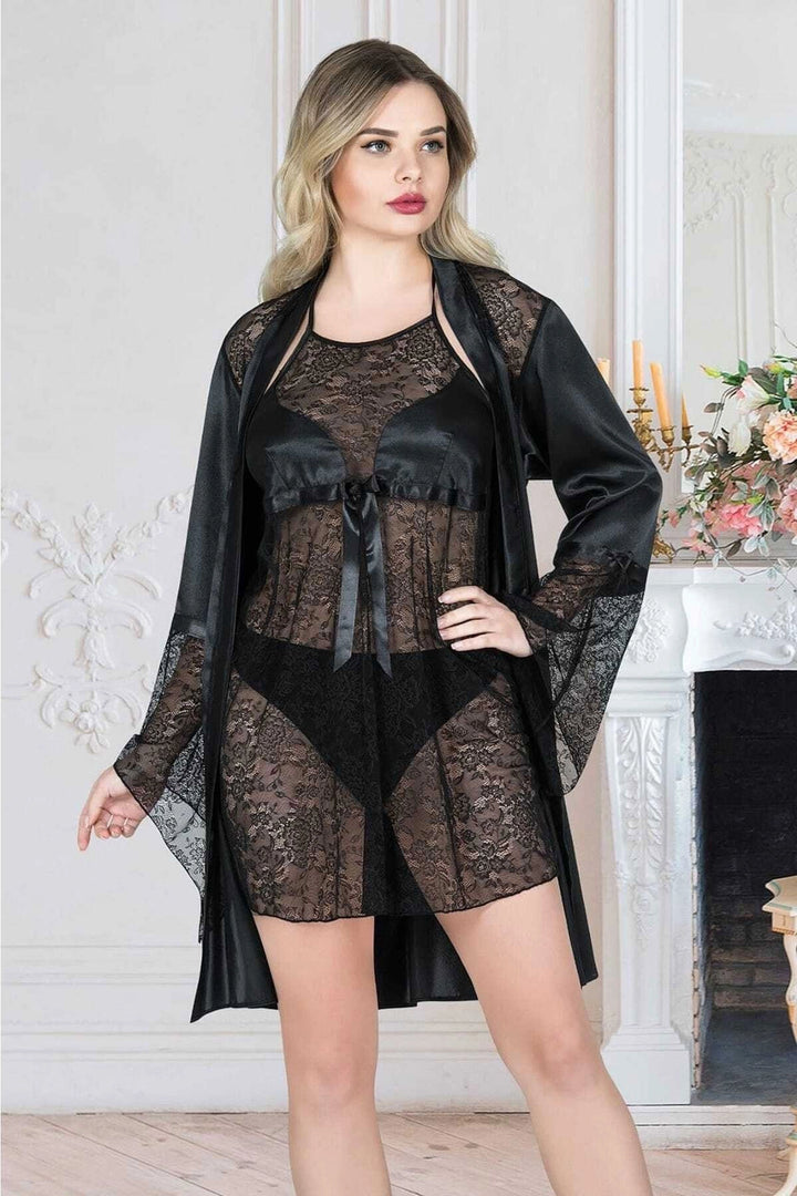 Black Satin Nightgown and Robe Set with Lace and Embroidery BCAN-251156 - Coachella