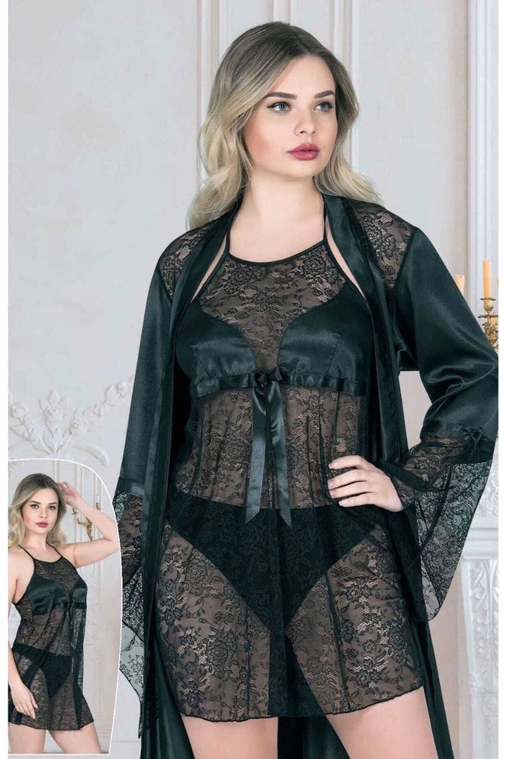 Black Satin Nightgown and Robe Set with Lace and Embroidery BCAN-251156 - Coachella