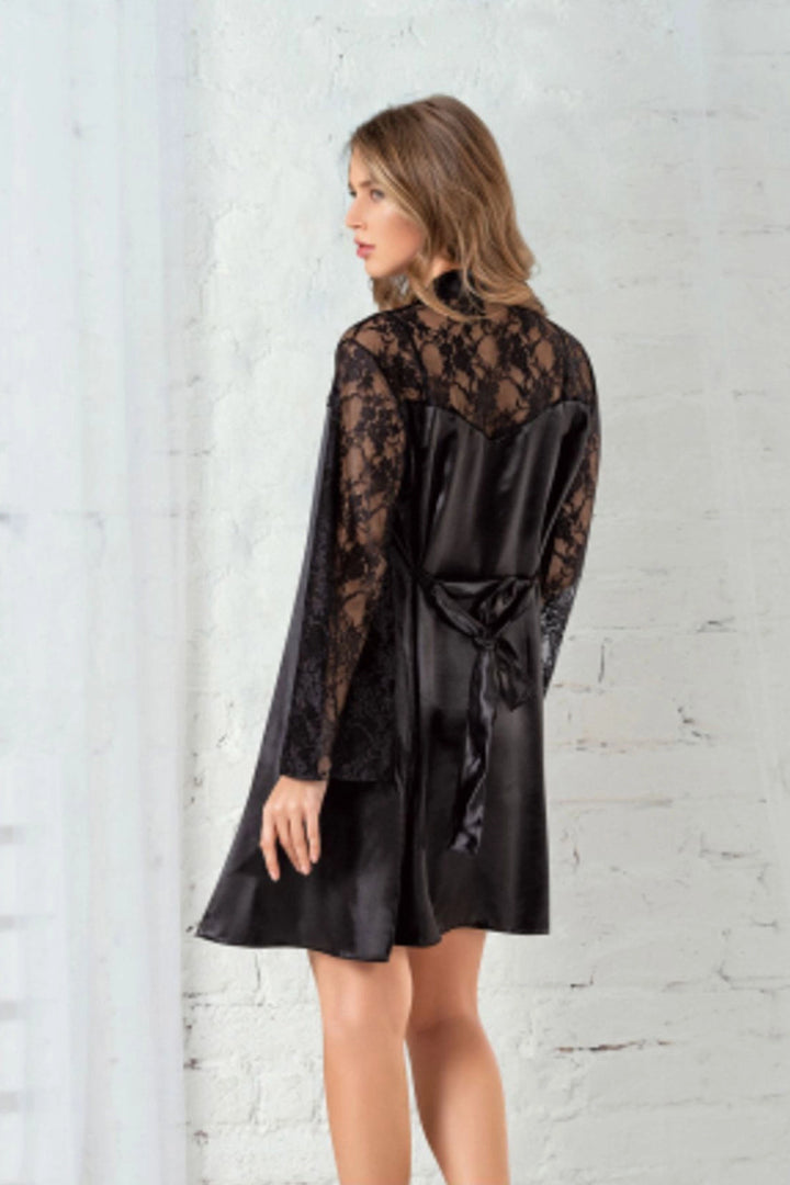Black Satin Nightgown Robe Set with Lace BCAN-251700AS - Urmston
