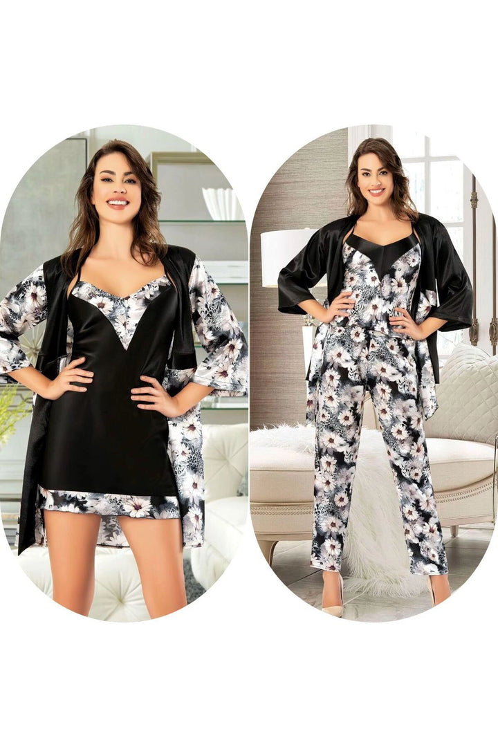 Black Satin Nightgown Robe Set Pajama Set 5 Piece Bridal Trousseau Set BCAN-255FA - Runcorn