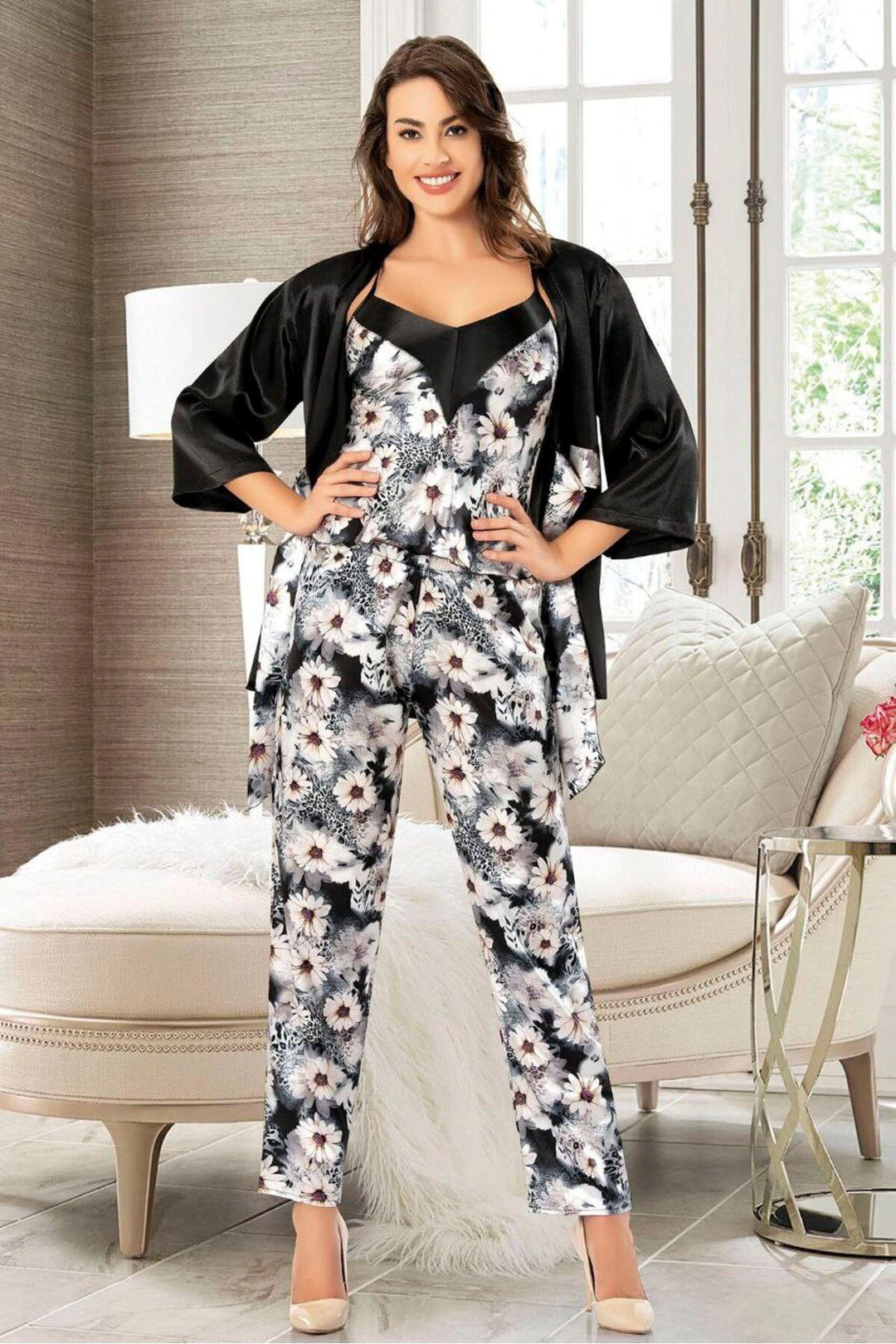 Black Satin Nightgown Robe Set Pajama Set 5 Piece Bridal Trousseau Set BCAN-255FA - Runcorn