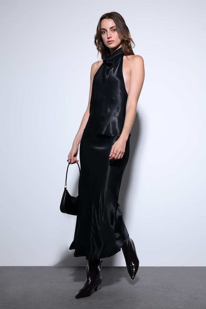 ANT Antioch Black Satin Midi Skirt - Davis