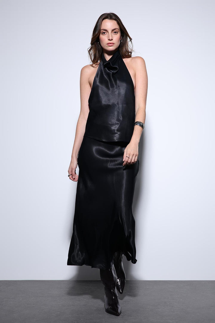 ANT Antioch Black Satin Midi Skirt - Davis