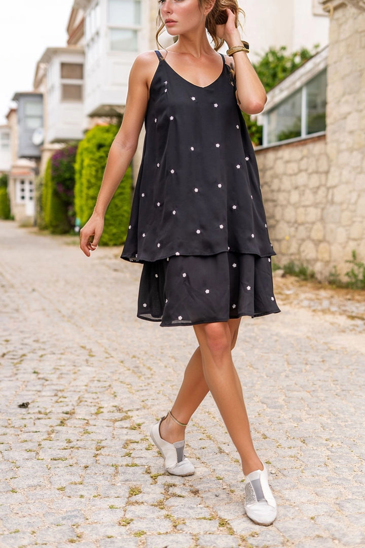 Black Chiffon Leather Strap Flower Embroidered Double Layer A-Line Plus Size Dress BCBSK-25700-3420 - Portage