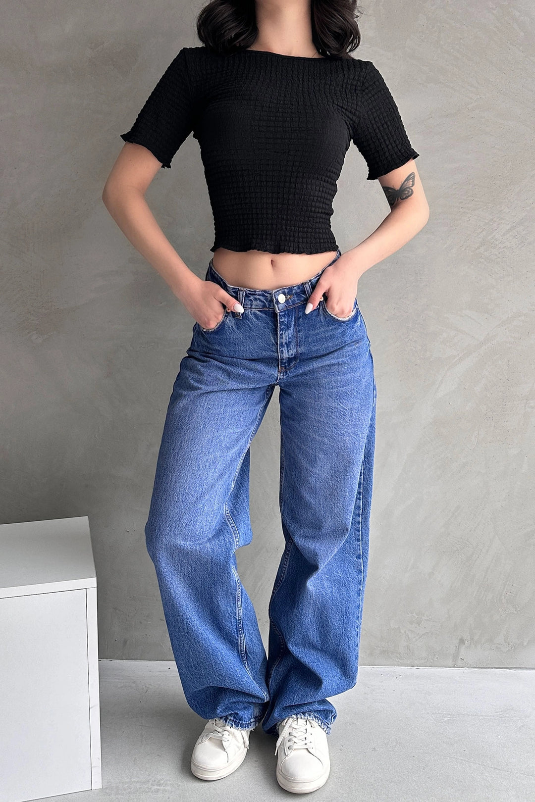 Black Backless Basic Waffle Blouse BCDF-252170 - Hampton