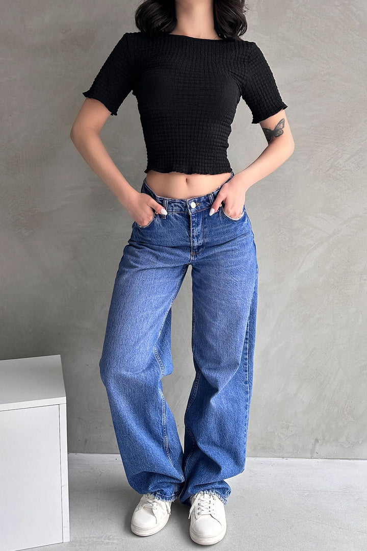 Black Backless Basic Waffle Blouse BCDF-252170 - Hampton