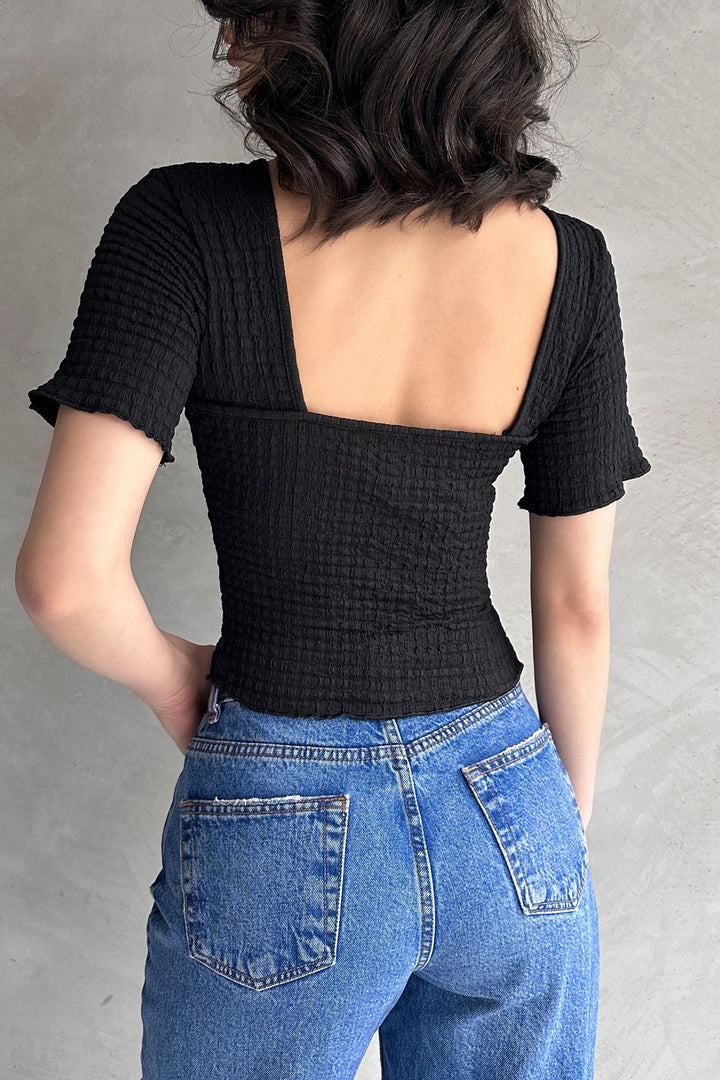 Black Backless Basic Waffle Blouse BCDF-252170 - Hampton