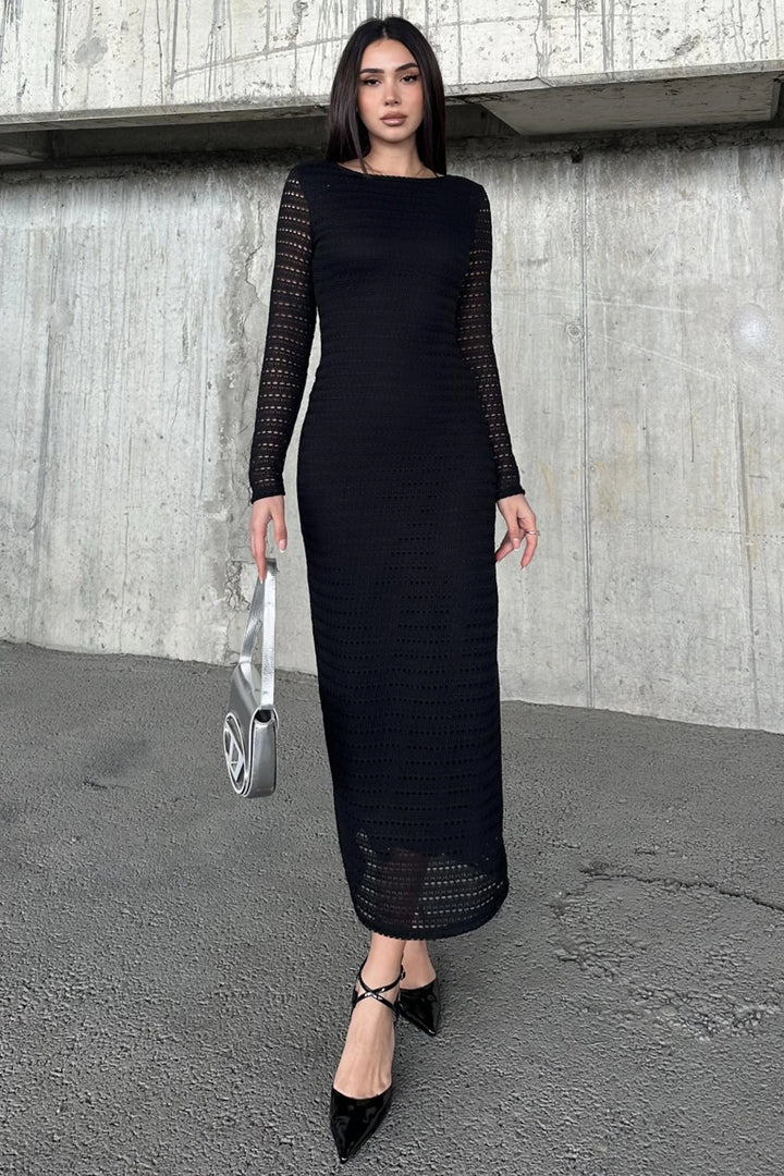 Black Backless Dress with Mesh Detail BCDF-252153 - Yajalón