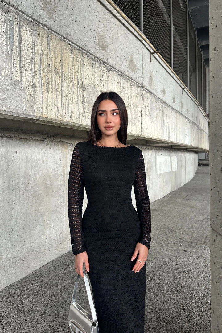 Black Backless Dress with Mesh Detail BCDF-252153 - Yajalón