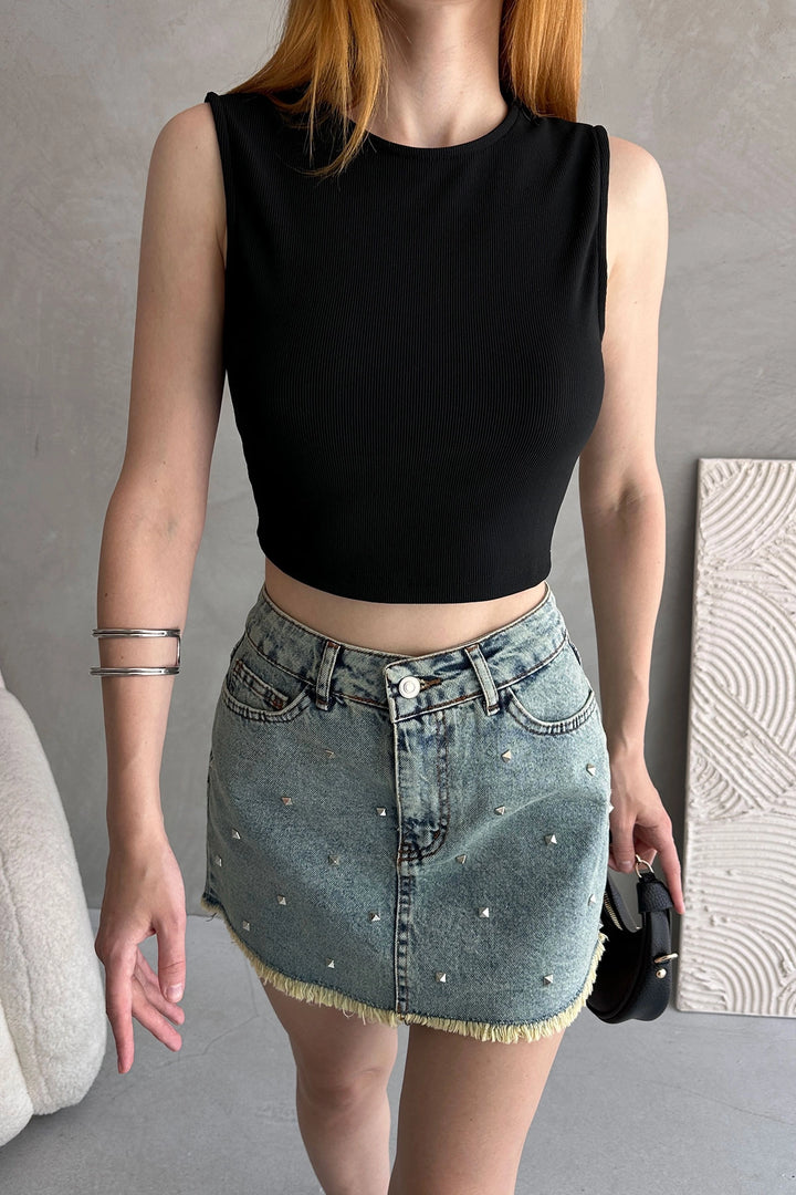 Black Back Belt Detailed Corset Crop Blouse BCDF-252207 - Tustin