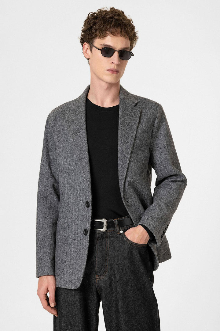 ANT Antioch Black Slim Fit Herringbone Pattern Men's Blazer Jacket - Parkland