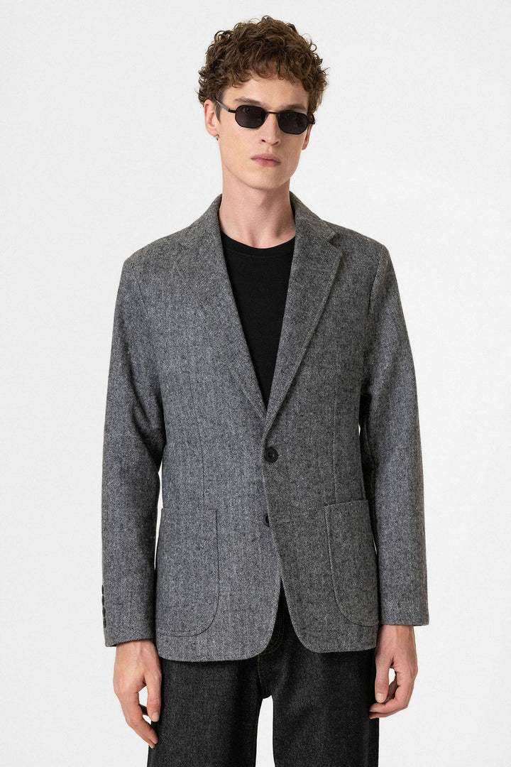 ANT Antioch Black Slim Fit Herringbone Pattern Men's Blazer Jacket - Parkland