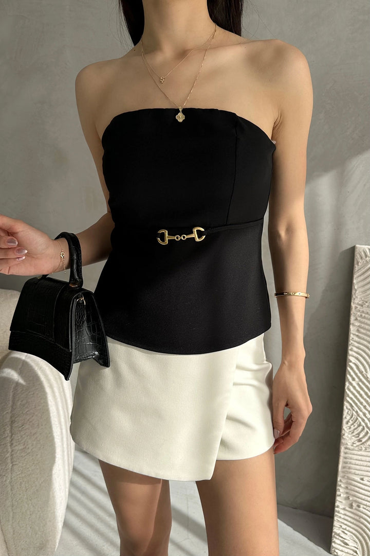 Black Strapless Fitted Thin Belt Detailed Woven Blouse BCDF-252189 - Cape Coral
