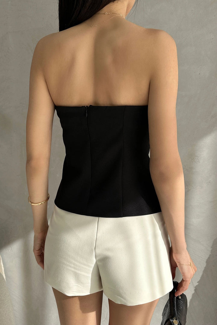 Black Strapless Fitted Thin Belt Detailed Woven Blouse BCDF-252189 - Cape Coral