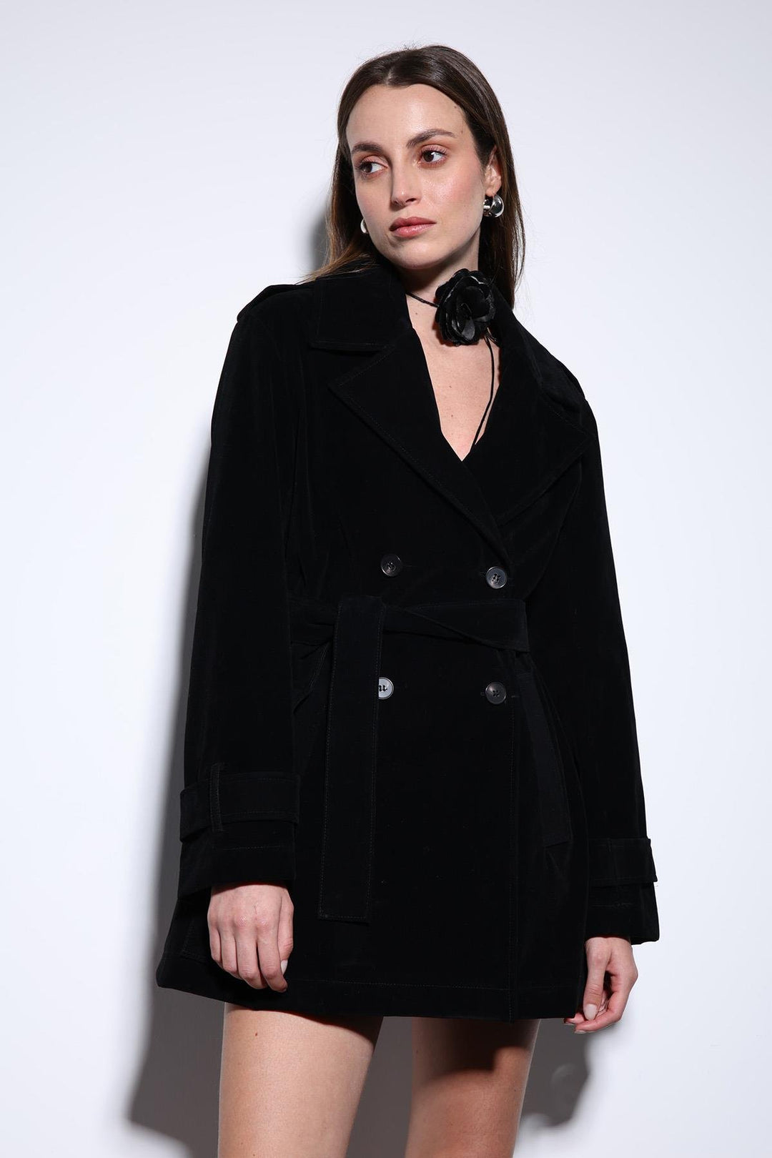 ANT Antioch Black Suede-Look Women's Trench Coat - Miranda de Ebro