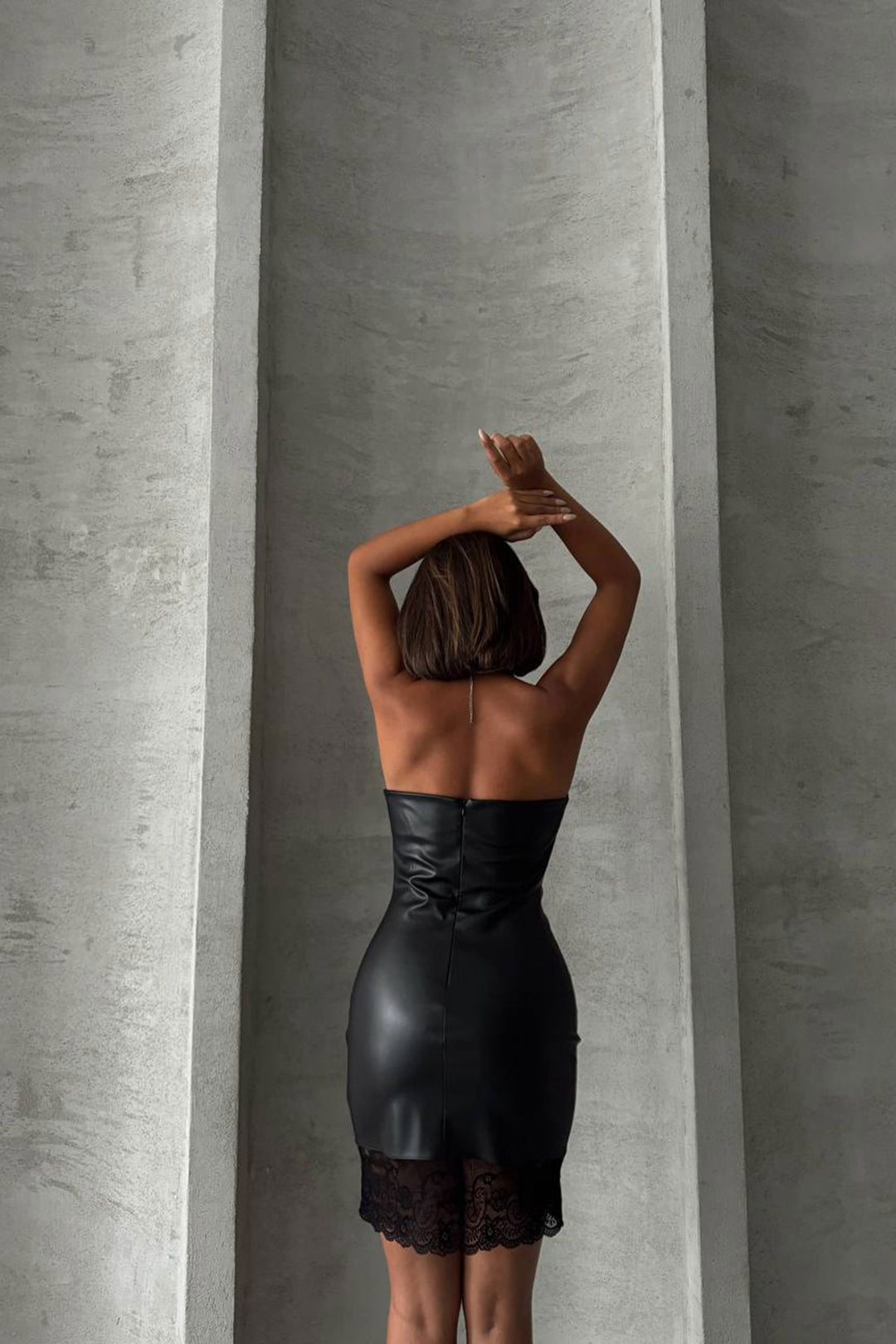 Black Faux Leather Strapless Dress with Lace Detail BCHN-25260419 - Goch