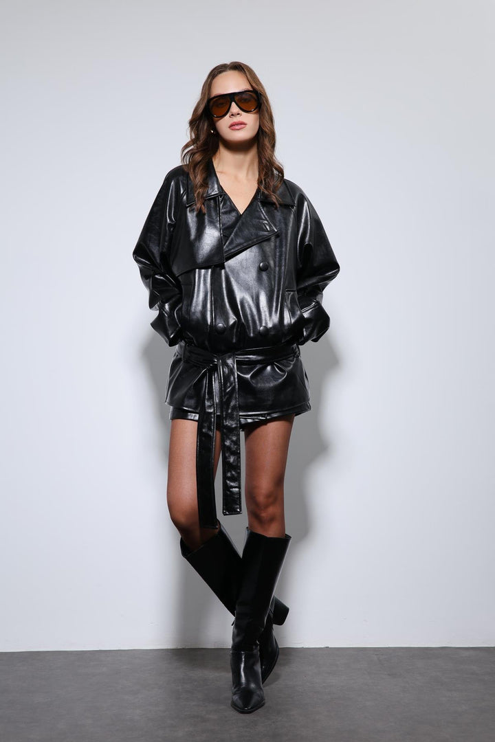 ANT Antioch Siyah Suni Deri Kemerli Trençkot - Ayr