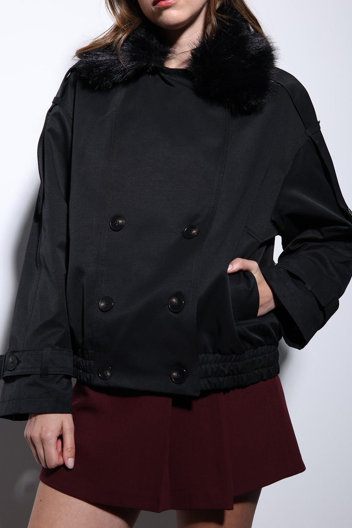 ANT Antioch Siyah Suni Kürklü Kısa Kadın Trençkot - Melchor Ocampo
