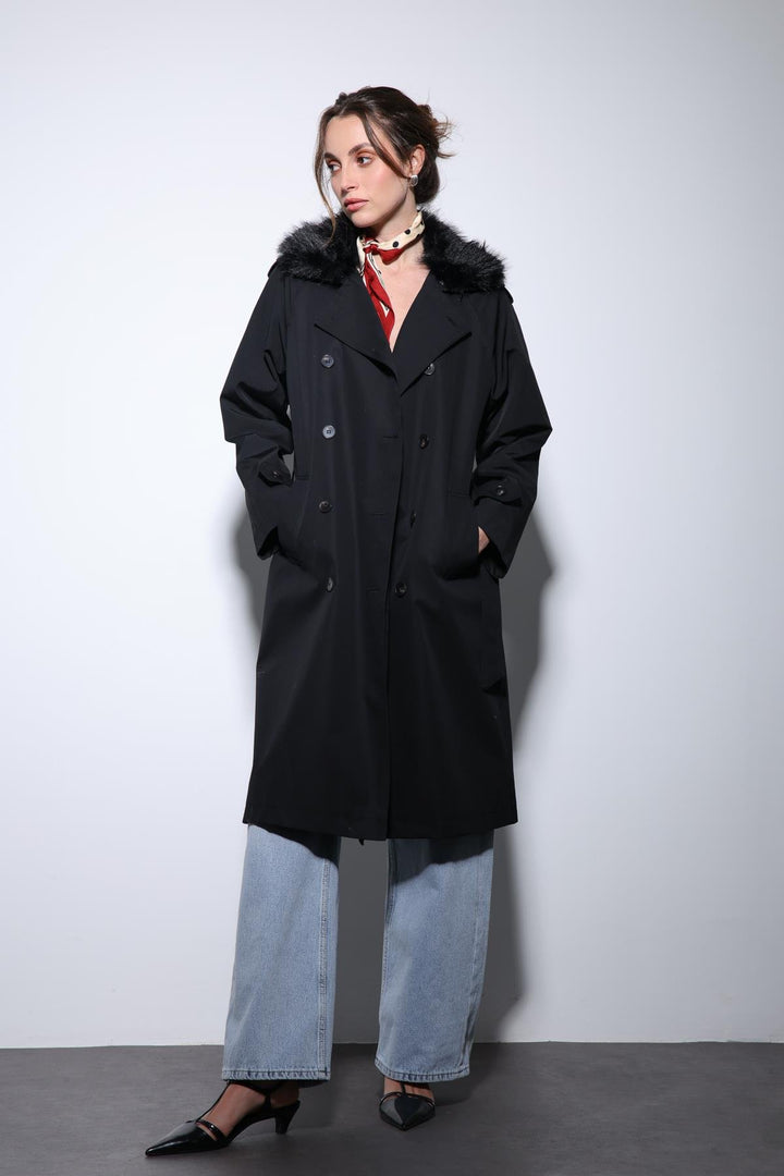 ANT Antioch Black Faux Fur Collar Women's Trench Coat - Fort Pierce