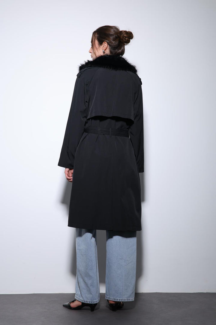 ANT Antioch Black Faux Fur Collar Women's Trench Coat - Appleton
