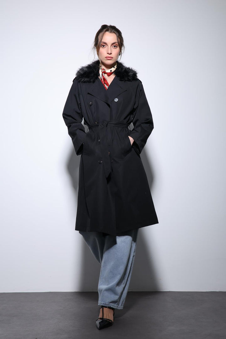ANT Antioch Black Faux Fur Collar Women's Trench Coat - Appleton