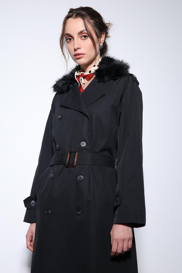 ANT Antioch Black Faux Fur Collar Women's Trench Coat - Fort Pierce