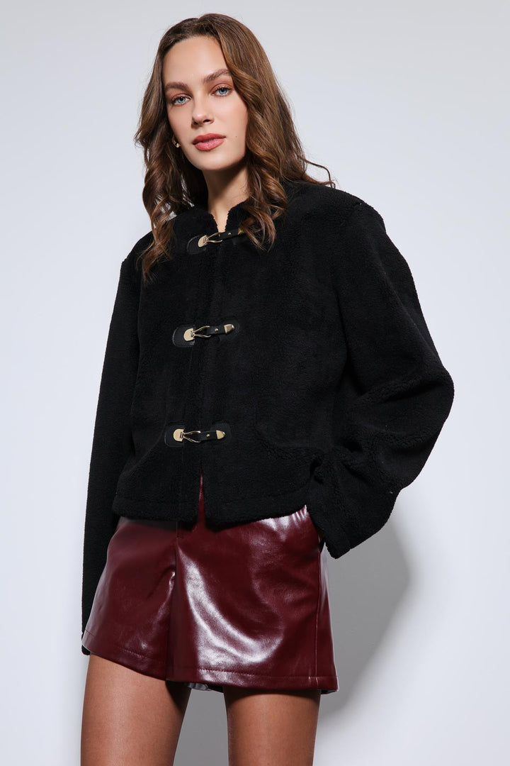 ANT Antioch Black Fur-Trimmed Buttoned Faux Fur Jacket - Coburg