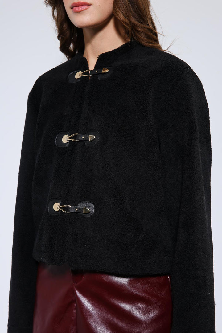 ANT Antioch Black Fur-Trimmed Buttoned Faux Fur Jacket - Coburg