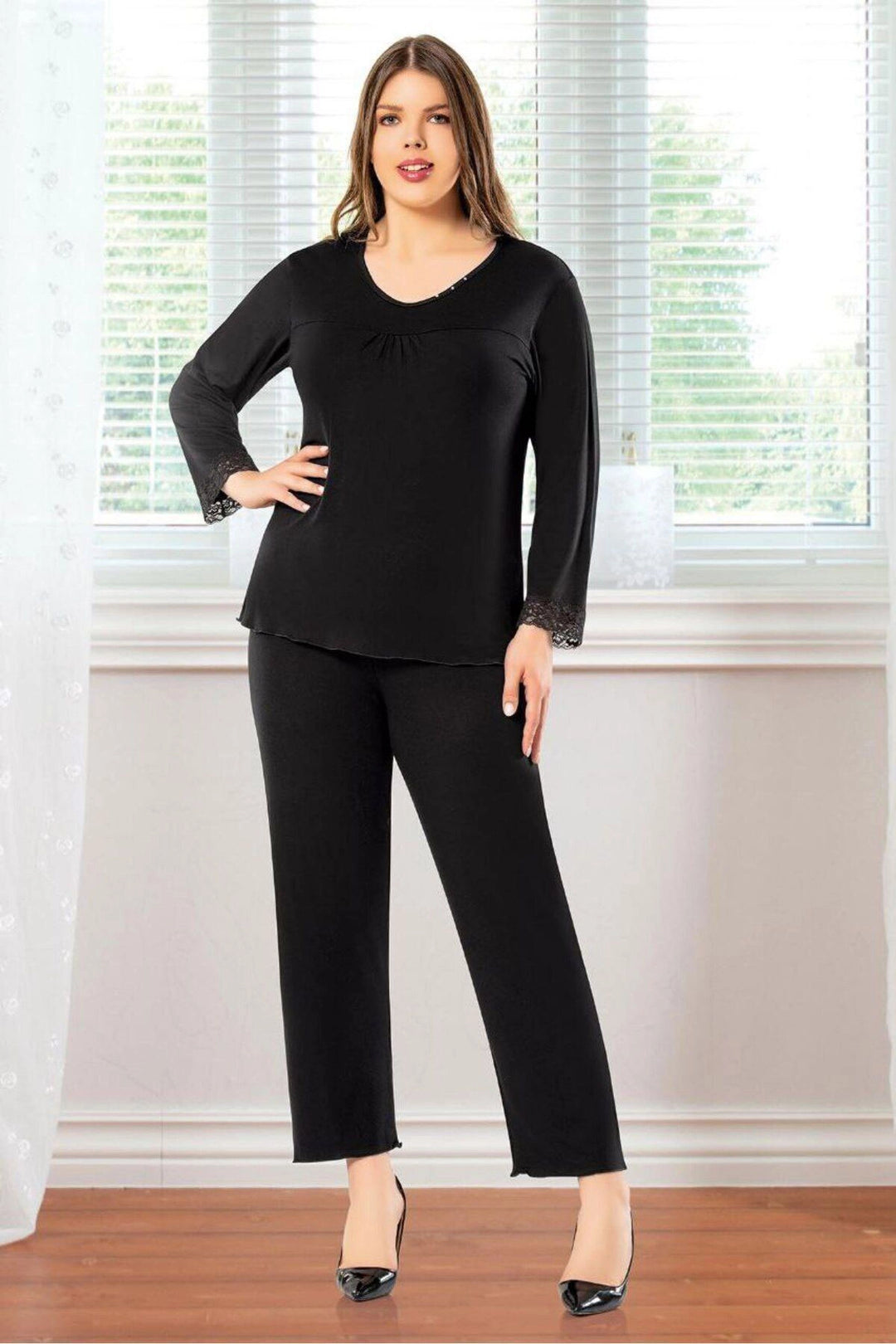 Black Stone Detailed Baggy Pajama Set BCAN-258808FA - Villaflores