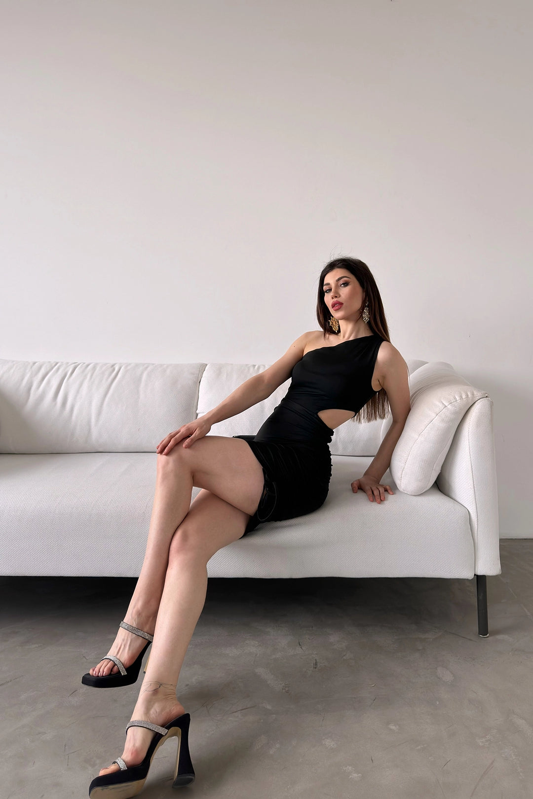 Black Single Shoulder Waist Decollete Ruched Detailed Scuba Dress BCDF-246005 - Westchester