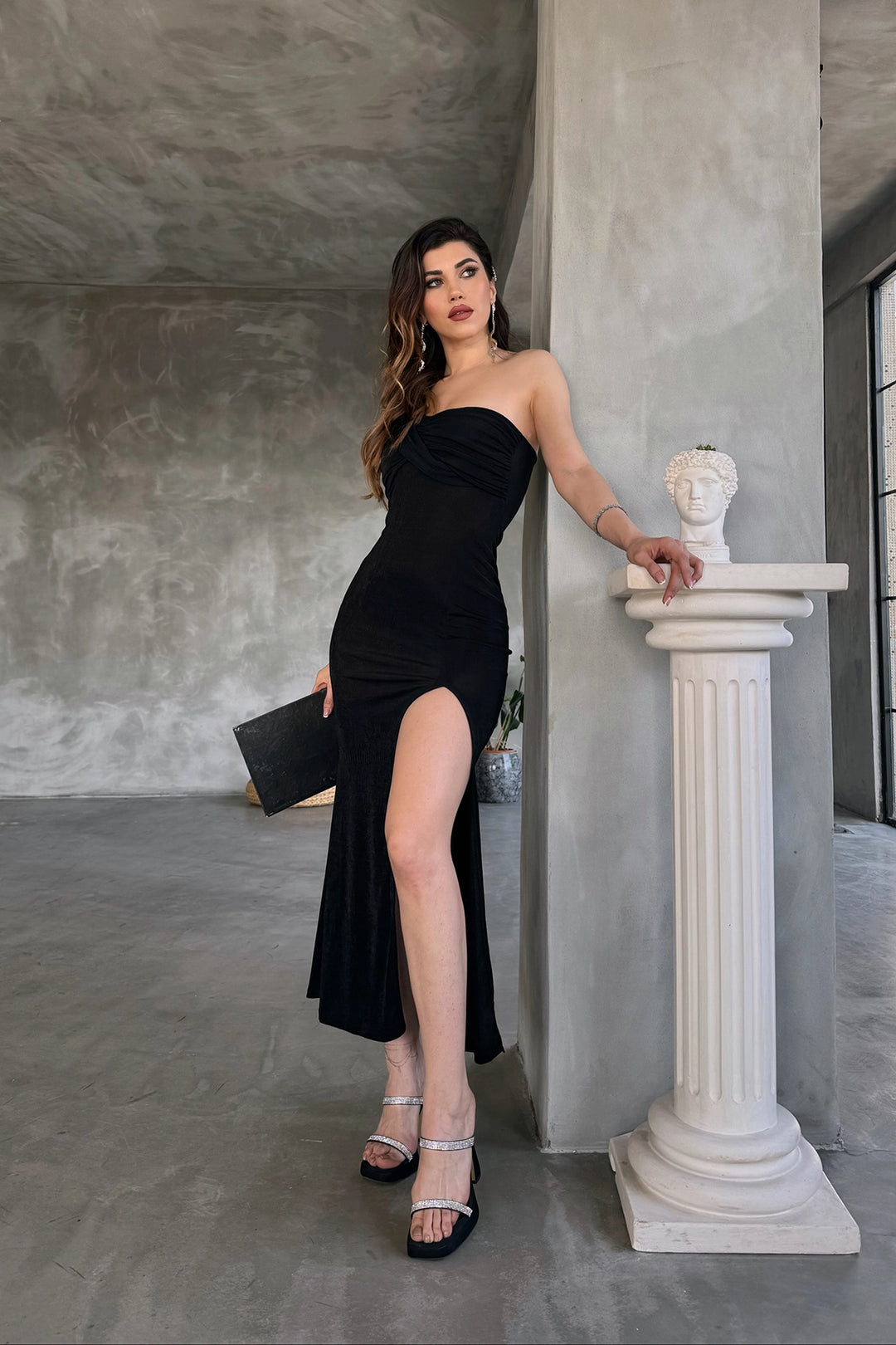 Black Single Shoulder Deep Slit Detailed Buzzy Evening Dress BCDF-241050 - Rechytsa