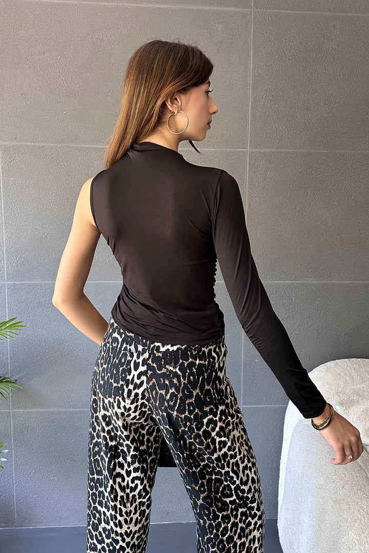 Black One Shoulder Drape Detail Blouse BCDF-241098 - Rowlett