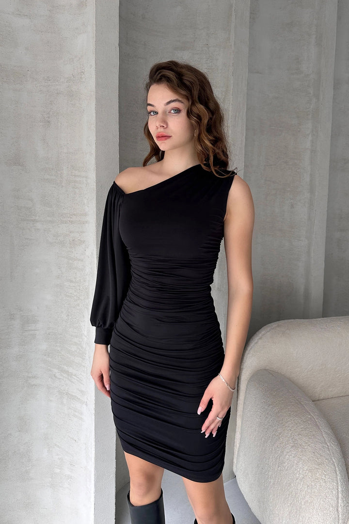 Black One Shoulder Draped Mini Dress BCDF-242139 - Newark