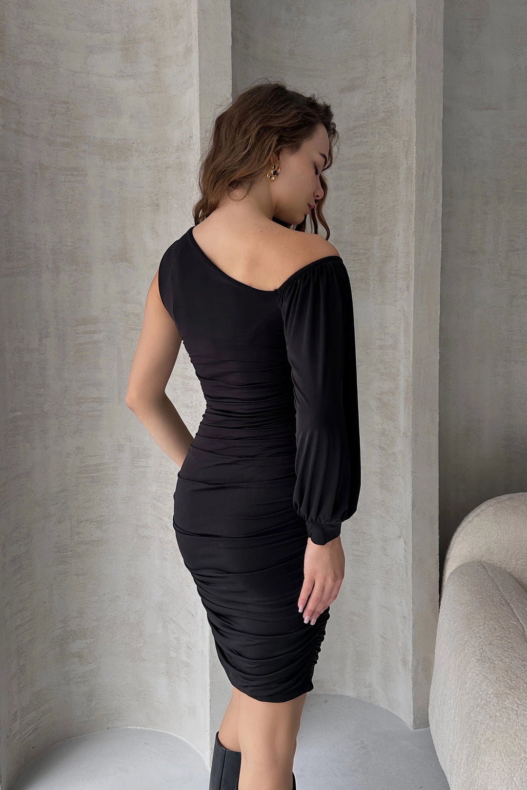 Black One Shoulder Draped Mini Dress BCDF-242139 - Newark