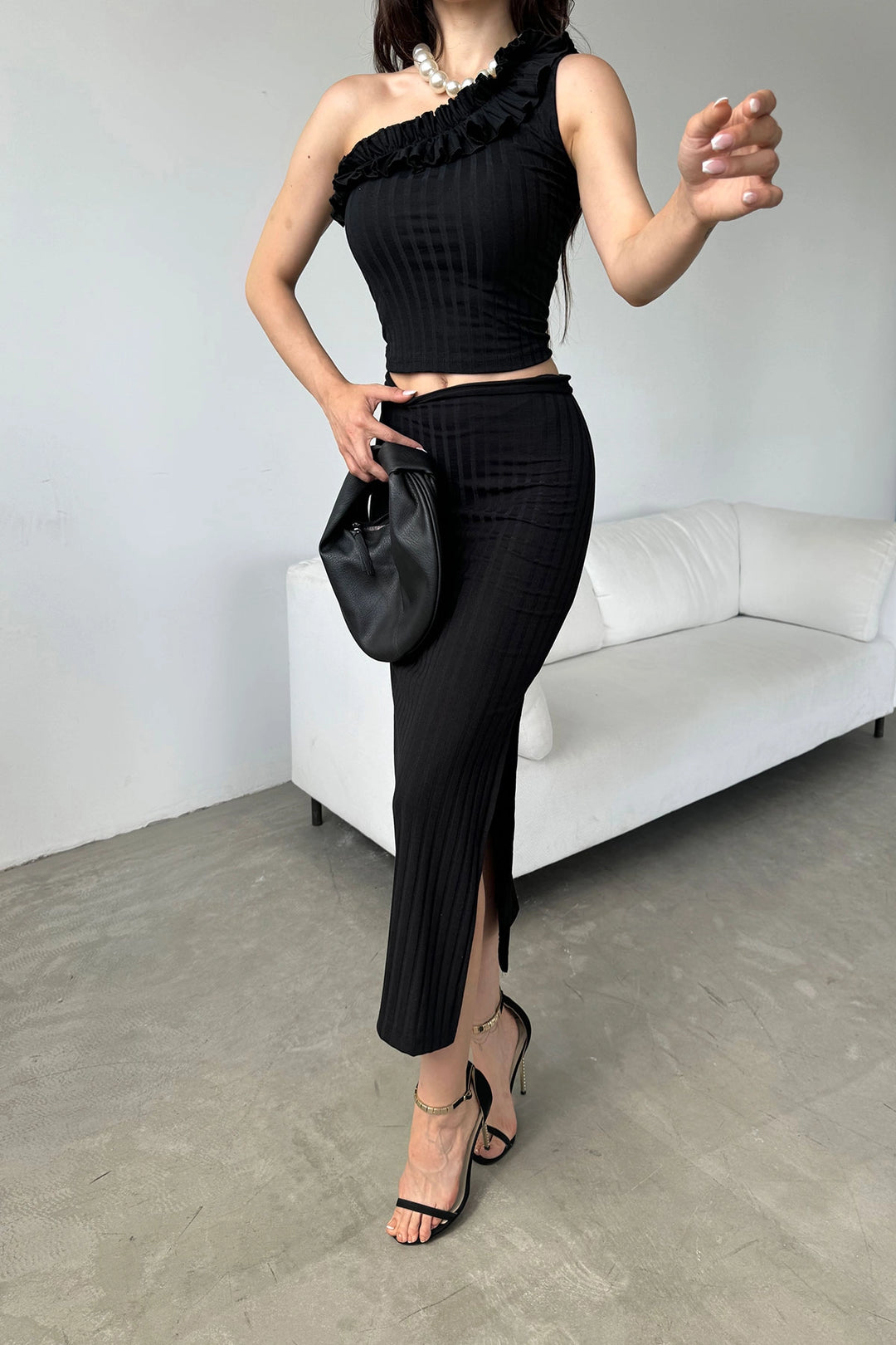 Black Single Shoulder Ruffle Detailed Skirt and Blouse Set BCDF-251092 - Zamora