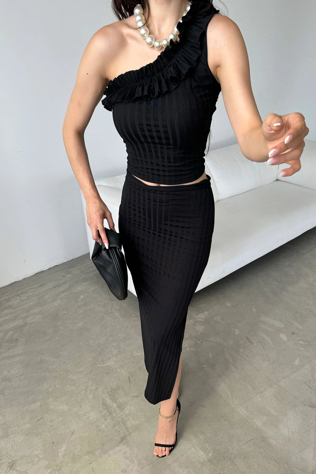 Black Single Shoulder Ruffle Detailed Skirt and Blouse Set BCDF-251092 - Zamora