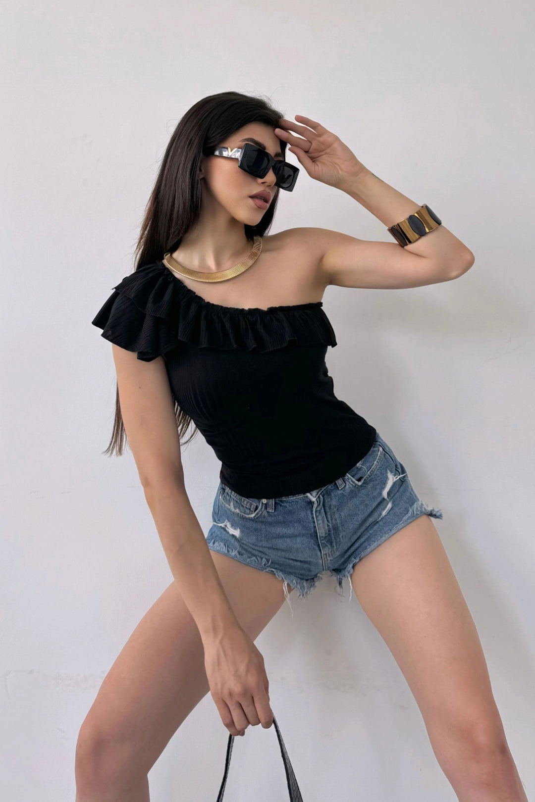 Black One Shoulder Ruffle Detail Blouse BCDF-251088 - Mijas
