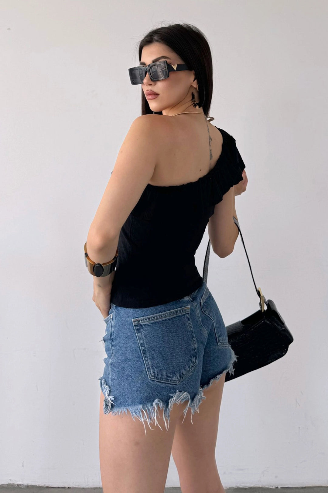 Black One Shoulder Ruffle Detail Blouse BCDF-251088 - Mijas