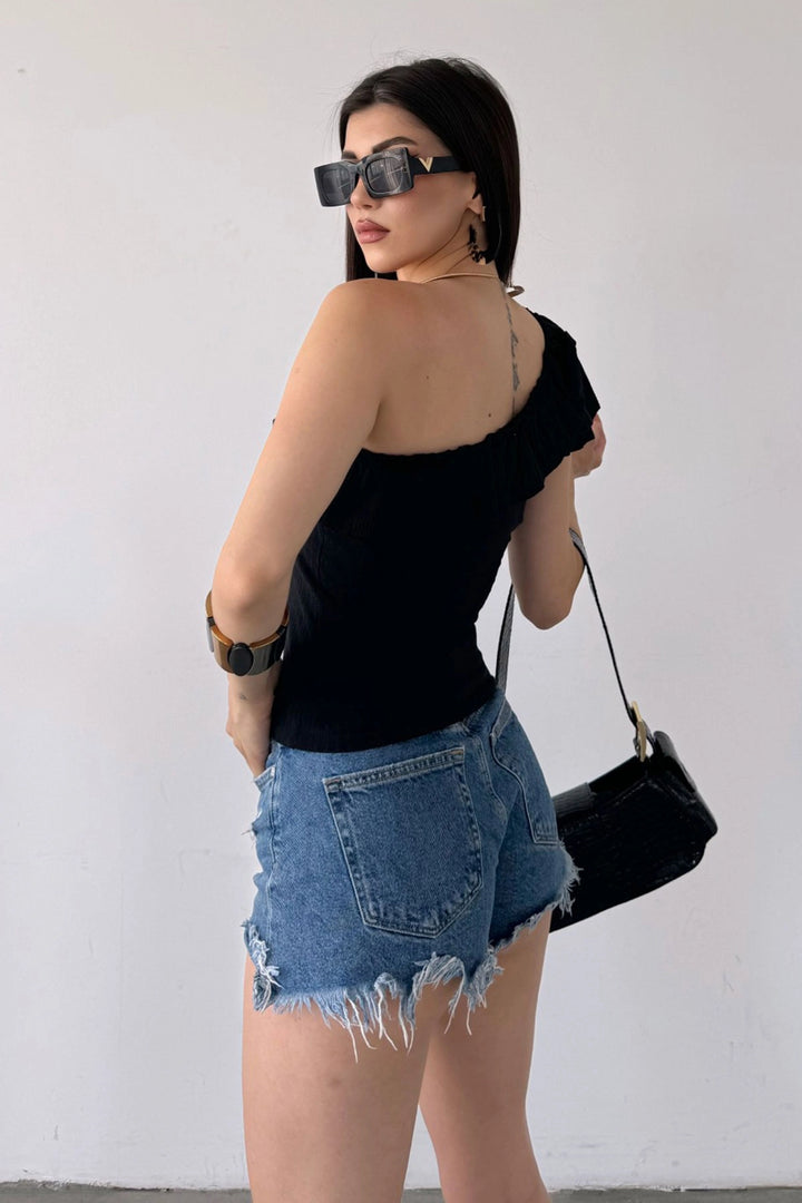 Black One Shoulder Ruffle Detail Blouse BCDF-251088 - Mijas