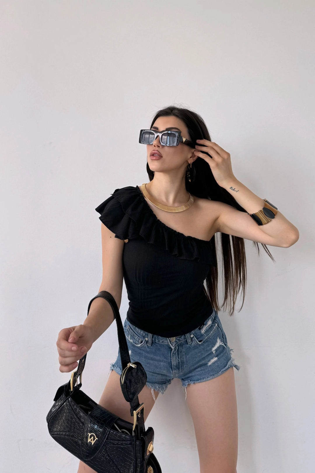 Black One Shoulder Ruffle Detail Blouse BCDF-251088 - Mijas