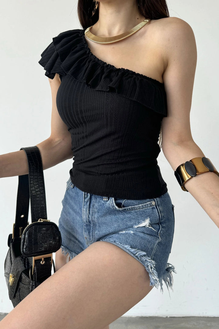 Black One Shoulder Ruffle Detail Blouse BCDF-251088 - Mijas